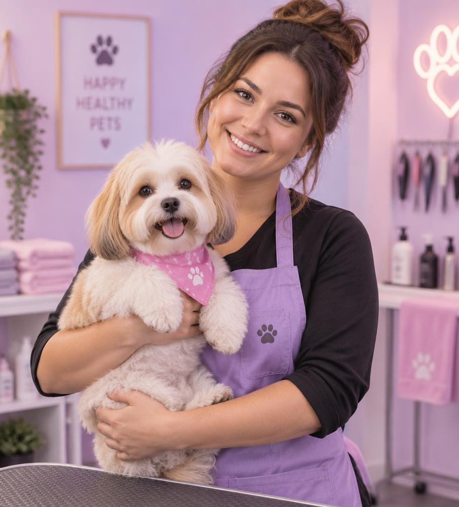 Chloe-Jai Goldspink, owner of Meowws Grooming Ltd, holding a freshly groomed dog