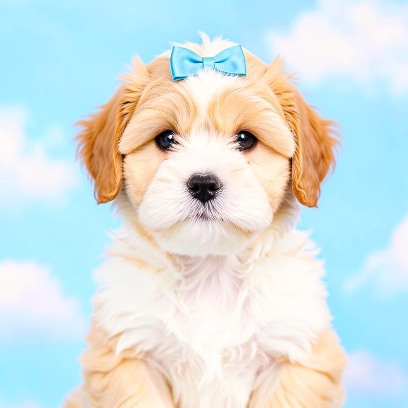 Fluffy puppy with a blue bow