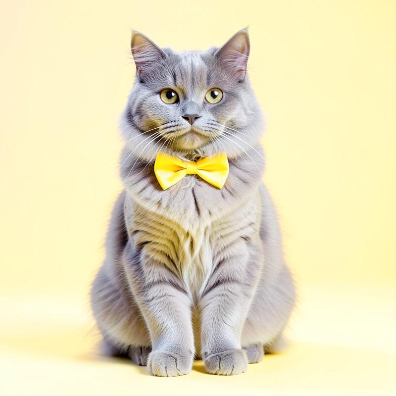 Freshly groomed grey cat wearing a yellow bow tie