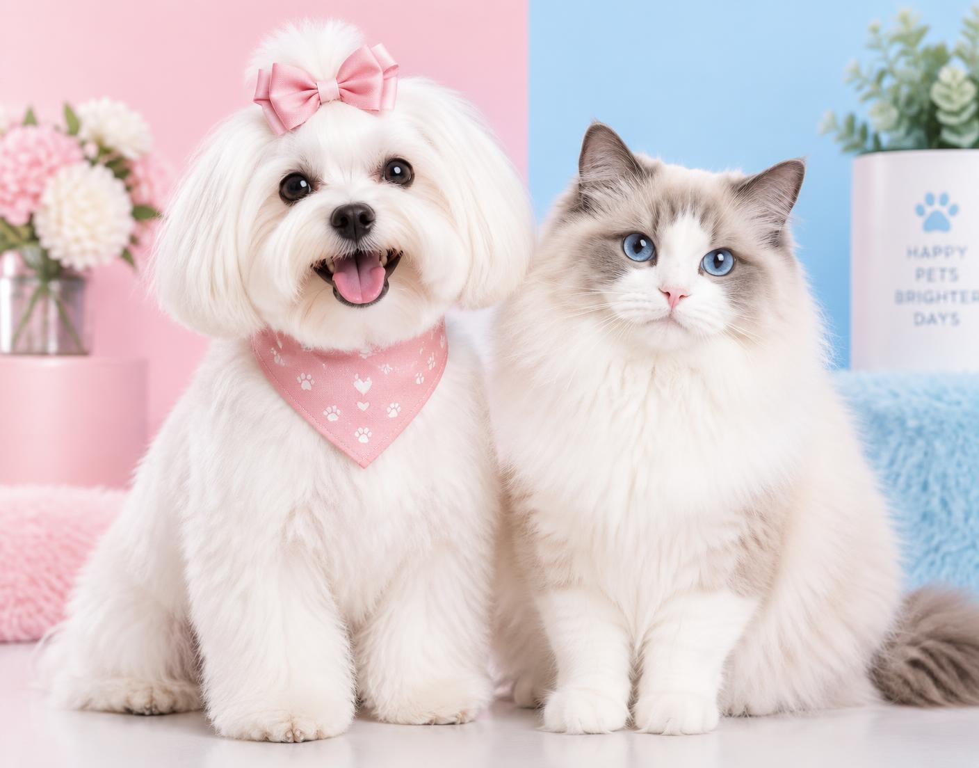 A freshly groomed fluffy white dog with a pink bow sitting beside a groomed cat